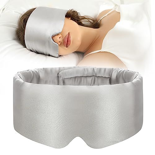 100% Mulberry Silk Sleep Mask Eye Mask for Women Man with Adjustable Band, for Side Sleeper Blackout Sleep Mask for Travel Rest and Office (Gray)