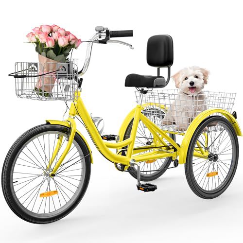 YITAHOME 24 & 26 Inch Adult Tricycle, 1 & 7 Speed 3 Wheel Bikes, Large Seat with Backrest Trike for Adults with Front & Rear Baskets, Cruiser Bike for Seniors Women Men Commute Picnic Outdoo