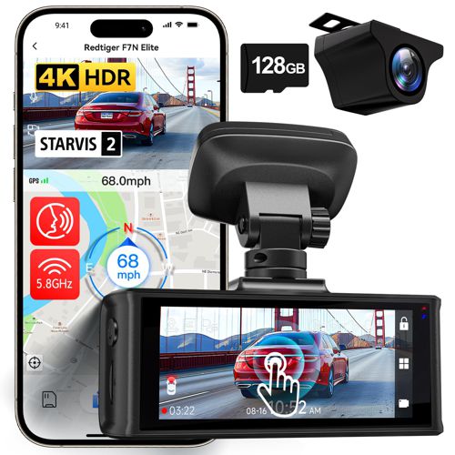 REDTIGER 4K HDR Dash Cam Front and Rear, STARVIS 2 Sensor, 5.8GHz WiFi APP, 3.18" Touchscreen, Voice Control, 128G Card Included, WDR, Dash Camera for Cars with GPS, 24H Parking Mode(F7N Eli