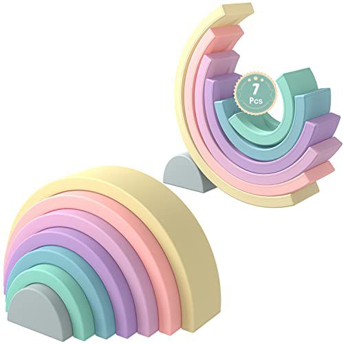 MCGMITT Rainbow Stacking Toy, Silicone Rainbow Stacker for Toddlers, Montessori Nesting Blocks, Building Creative Color Shape Matching Toy Set, 7 Layers (Pastel)