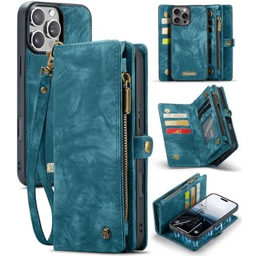 for iPhone 16 Pro Max Case with 8 Card Slots Magnetic Closure Zipper Pocket Pouch Flip, Detachable Magnetic 2 in 1 Design, Premium Leather PU with Lanyard Strap Wristlet - Blue Blue iPhone 1