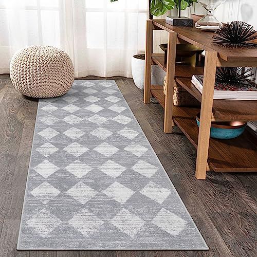 Lahome Moroccan Trellis Runner Rug - 2x6 Laundry Room Carpet Runner Washable Hallway Runners Rug with Rubber Backing, Checkered Modern Soft Indoor Carpet Runners for Bathroom Kitchen Entrywa