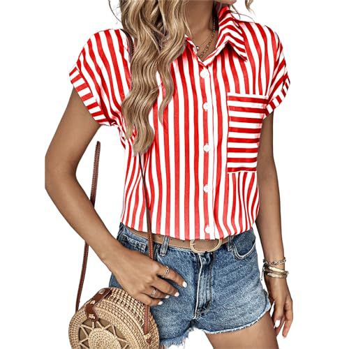 FQFGGYD Women's Blouses Dressy Button-Down Shirts Tops Summer V-Neck Short Sleeve Striped Print Shirt Business Casual Outfits Red