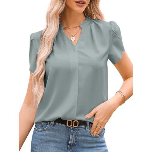 YIJIU Women's Casual V Neck Cap Sleeve Summer Shirts Button Chiffon Dressy Business Work Blouses Top X-Large Mist Blue