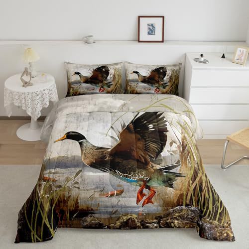 Mallard Duck Bedding Set Boys Girls Wild Duck Hunting Comforter Set for Kids Women Men Soft Lodge Cabin Farmhouse Comforter Quilt Room Decor Queen Size Duvet Set Boys