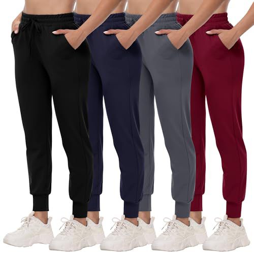 CAMPSNAIL 4 Pack Joggers for Women - Sweatpants with Pockets Lightweight Comfy Yoga Pants for Workout Travel Lounge 1#black/Navy Blue/Dark Grey/Wine Medium