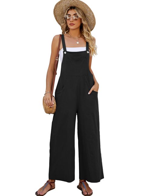 COZYPOIN Women's Cotton Bib Overalls Wide Leg Loose Fit Jumpsuit Baggy Fashion Sleeveless Rompers X-Large Black