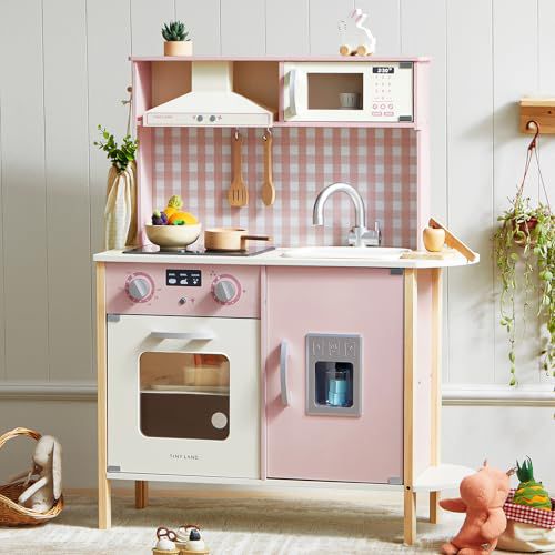 Tiny Land Play Kitchen for Kids, Wooden Kids Play Kitchen Playset Chef Pretend Play Set for Toddlers with Real Lights & Sounds, Toys Kitchen with 18 Pcs Toy Food & Cookware Accessories Pink