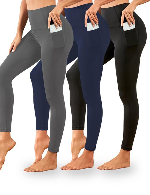 3 Pack Leggings with Pockets for Women,Built-in Elastic Band Tummy Control Workout Yoga Pants (Small)