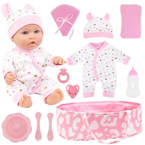 ZITA ELEMENT 12 Inch Baby Doll with Accessories for Baby Doll Reborn Includes Carrier Bassinet Bed, Pacifier, Blanket, Pillow, Feeding Set, New Born Baby Doll Playset for Toddlers 3 Ages and