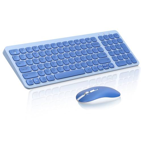 cimetech Wireless Keyboard Mouse Combo, Compact Full Size Wireless Keyboard and Mouse Set Less Noise Keys 2.4G Ultra-Thin Sleek Design for Windows, Computer, PC, Notebook, Laptop - Blue 8-Da