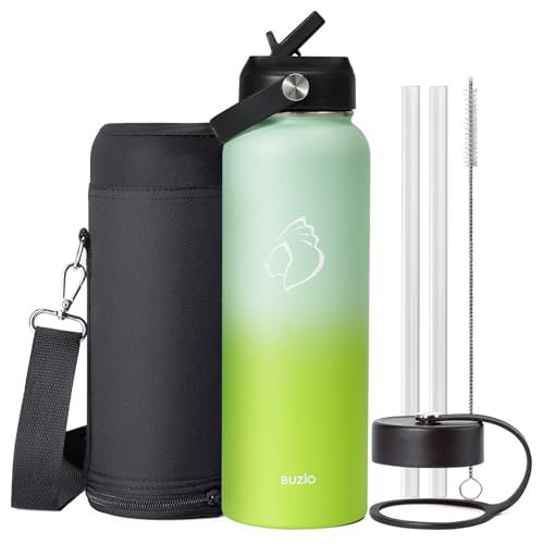 BUZIO 40oz Insulated Water Bottle, Triple Wall Stainless Steel Water Flask with 2 lids, Leakproof BPA-Free Straw Lid Sports Canteen for Sports Hiking, Cold 48H & Hot 24H- Gradient Green 40 O