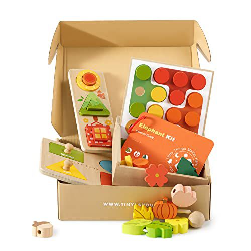 Tiny Land Montessori Toy Set for Babies 18-24 Months Investigator Play Kit- 4-in-1 Wooden Learning Toys with Color Sorting, Lacing Beads, Shape Matching, and Seasons Puzzles 18-24M Education