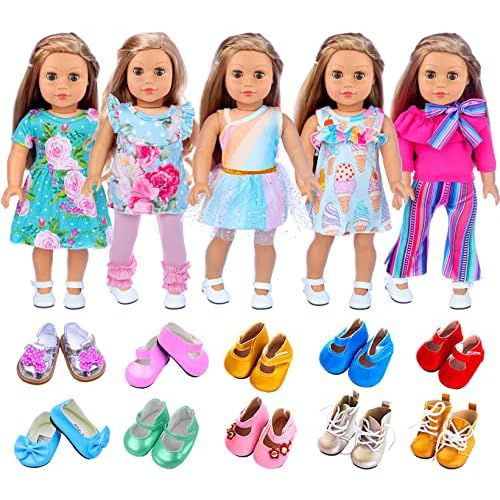 ZITA ELEMENT 11 Pcs American Doll Clothes Dress and Accessories for 18 inch Doll - 5 Sets Doll Outfits + 2 Pairs Random Style Shoes for 18 Inch Doll