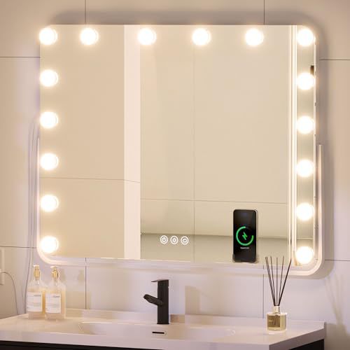YITAHOME 28 x 22 LED Bathroom Mirror with Lights, Lighted Wall Mirror Bathroom Vanity Mirror with Bluetooth Speaker, Wireless Charger, USB & Type-C Charging Port, Dimmable Bulbs, Memory Func