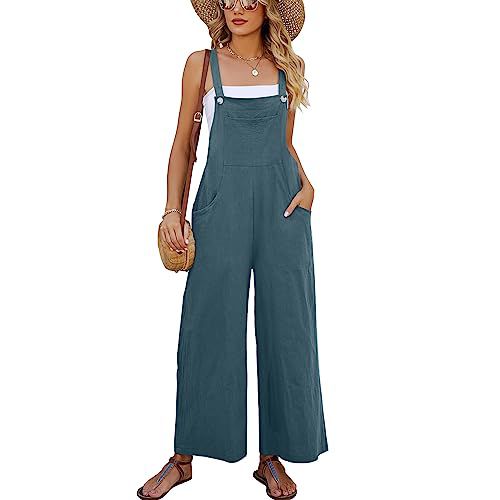 Eisctnd Overalls Women Sleeveless Baggy Jumpsuit for Women Comfortable Casual Wide Leg Rompers with Pockets Bluegrey XX-Large