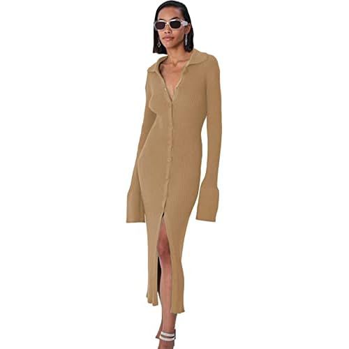 RanRui Women Long Sleeve Knit Dress Stripe Botton Down Knitted Dress Cardigan Sweater Dresses Ribbed Knit Bodycon Maxi Dress Small Khaki