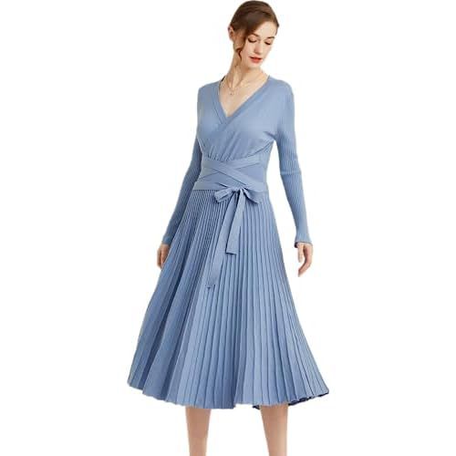 RanRui Womens Winter Fall Pleated Knitted Fit and Flare Long Sleeve Sweater Dress 12-14 B-haze Blue
