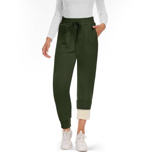 CAMPSNAIL Fleece Lined Sweatpants Women - Joggers for Women with Pockets High Waisted Thermal Winter Warm Pants for Snow Army Green X-Small