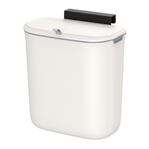 SONGMICS Hanging Trash Can, 2.4 Gallon Compost Bin With Lid, Wall Mounted for Kitchen, Cupboard, Bathroom, Under Sink, White ULTB820W9