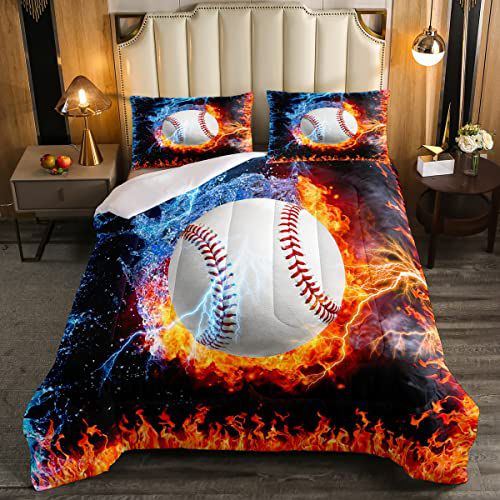 Baseball Comforter Set Twin Size for Teen Boy Room Decor, Fire and Ice Sports Baseball Down Comforter Kids Men Modern Sports Theme Quilted Duvet (1 Co