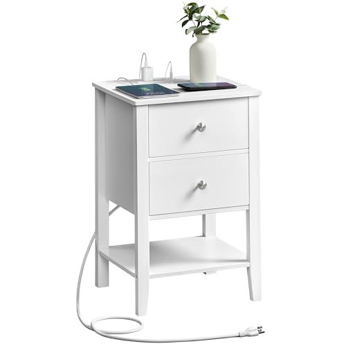 VASAGLE Bamboo Nightstand with Charging Station, Side End Table with 2 Drawers, Open Storage Shelf, Bedside Table, 2 USB Ports, 2 AC Outlets, Modern, for Bedroom, Cloud White ULET623W01V1