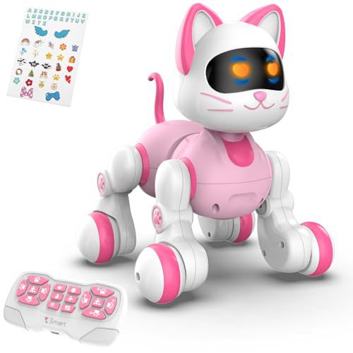 STEMTRON Programmable Remote Control Robot Cat Robot Dog for Kids, Interactive Robotic Dog Robotic Cat, Robo Dog Robo Cat, RC Robot with Touch Sensing, LED Eyes, Dance & Music, Sticker White