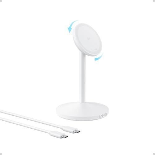 Anker MagGo iPhone 16 MagSafe Charger Stand, 15W Fast Magnetic Wireless Charging Station, Qi2 Certified 360° Wireless Charger, for iPhone 16/15/14/13/12 Series and AirPods (White, No Adapter