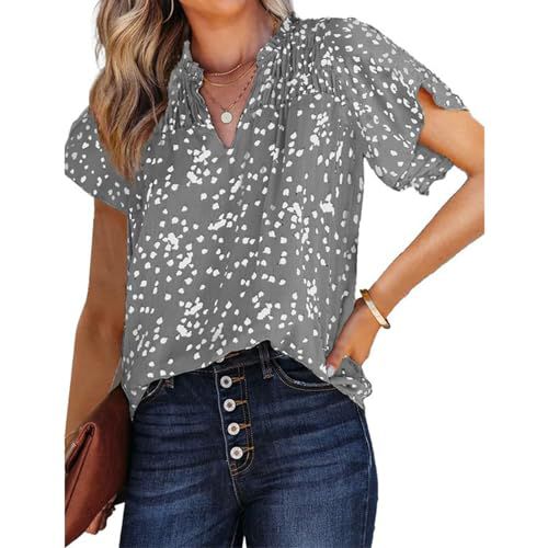 FQFGGYD Women's Casual Tops V-Neck Floral Blouses Print Pleated Short Sleeve Chiffon Shirts Bohemian Tops Vacation Outfits Gray