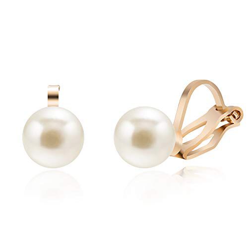 Clip On Stud Earrings with 8mm Simulated Freshwater Shell Pearl,Non-Pierced Ears Jewelry for Women(SE-08) Gold