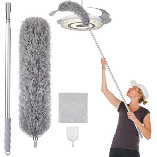 Feather Duster with 30-100 Inches Adjustable Long Pole,Extendable Feather Duster for Cleaning Ceiling Chandelier,Furniture, Blinds and Furniture Gray 3 PCS