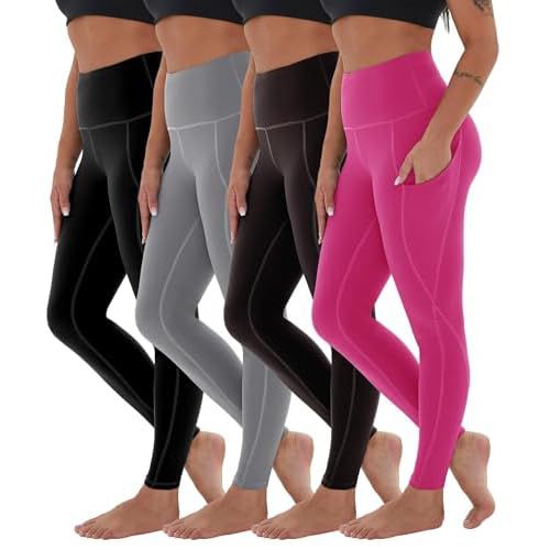 CAMPSNAIL 4 Pack Yoga Pants with Pockets for Women - High Waist Tummy Control Soft Leggings for Workout Gym 4 Pack-black/Light Grey/Coffee/Pink X-Large