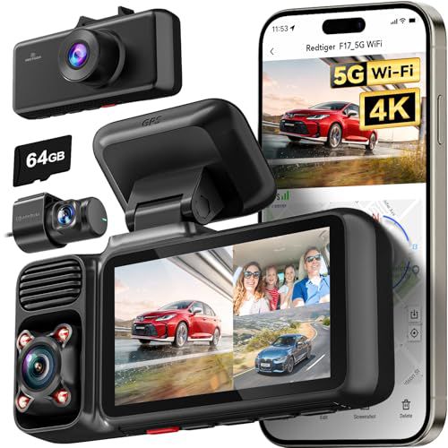 REDTIGER F17 4K 3 Channel Dash Cam, 5GHz WiFi Built-in GPS with 64GB Card, 2160P+1080P+1080P Front and Rear Inside, Triple Car Camera with 3 Inch Screen, IR Night Vision, G Sensor, WDR, Park