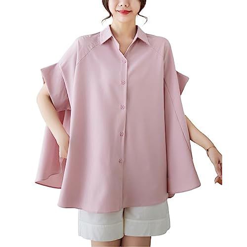 ellazhu Women's Batwing Sleeve Polka Dot Printed Button Down Blouse Oversized Shirt Top for Summer GY1903 Small-X-Large Pink2651