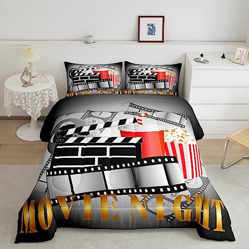 Movie Night Bedding Twin Home Theater Decor Comforter Set for Boys Girls Family Vintage Cinema Style Bedding Comforter Sets Movie Theater Decor Duvet