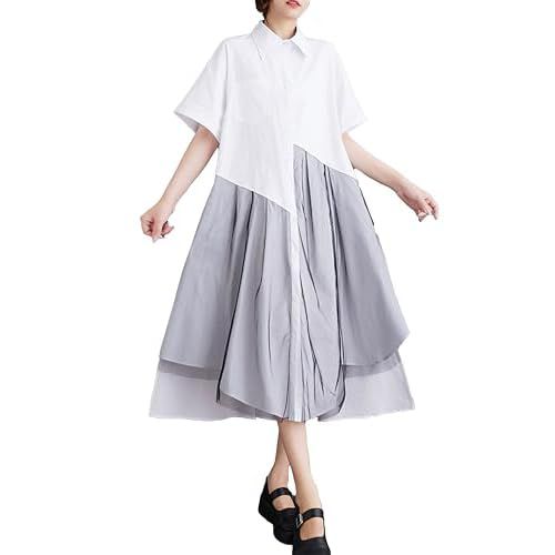 ellazhu Women's Short Sleeves Solid Color Irregular Hem Casual Shirt Dress GZ175 Small-X-Large White