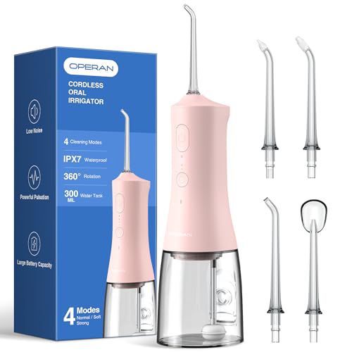 Operan Water Flossers for Teeth Cleaning Upgraded 300ml Cordless Water Dental Flossers Portable Rechargeable Oral Irrigator with 4 Modes 4 Jet Tips IPX7 Waterproof for Home Travel (Pink)+1 P