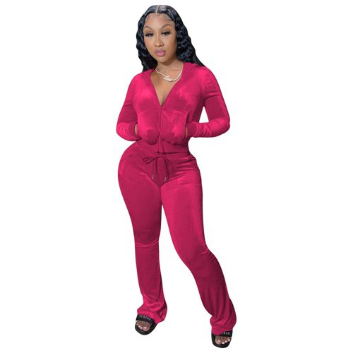 yidengymx Womens 2 Piece Velour Tracksuit Two Piece Outfits for Women Long Sleeve Zip Up Crop Tops Sweatpants Sets Pockets Hoodie/Wide Leg Pants-rose