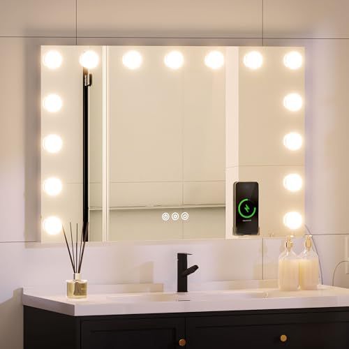YITAHOME 23 x 18 LED Bathroom Mirror with Lights, Lighted Wall Mirror Bathroom Vanity Mirror with Bluetooth Speaker, Wireless Charger, USB & Type-C Charging Port, Dimmable Bulbs, Memory Func