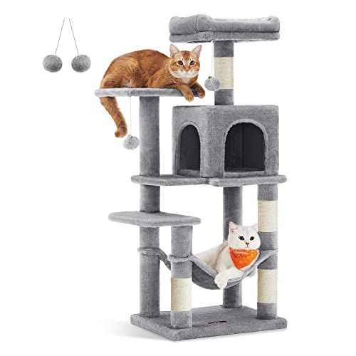 Feandrea Cat Tree, 44.1-Inch Cat Tower for Indoor Cats, Multi-Level Cat Condo with 4 Scratching Posts, 2 Perches, Hammock, Cave, Light Gray UPCT261W01 44.1 Inches Light Gray