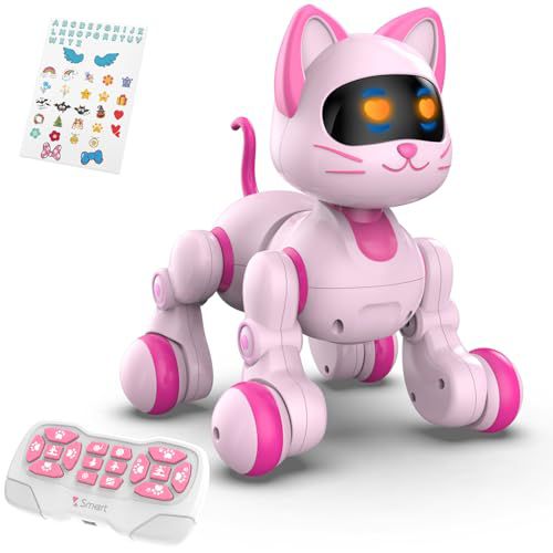 STEMTRON Programmable Remote Control Robot Cat Robot Dog for Kids, Interactive Robotic Dog Robotic Cat, Robo Dog Robo Cat, RC Robot with Touch Sensing, LED Eyes, Dance & Music, Sticker Pink 