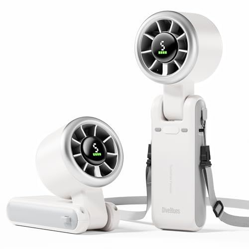 Diveblues Portable Handheld Turbo Fan, 5 Gear Wind, Battery Operated, Up to 12 Working Hours, 3 IN 1 Hand Fan with Air Turbo Tech Cooling Fan for Outdoor Activities, Travel, Working Off-whit