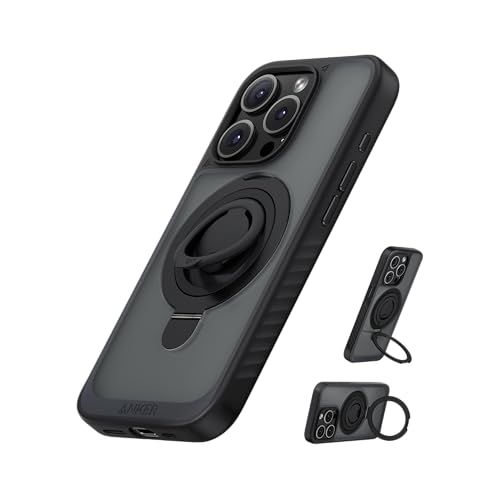 Anker Magnetic Ring Stand for iPhone 15 Pro Case, Silicone Finger Ring Grip Stand Holder, Military Grade Drop Tested, Compatible with MagSafe, Built in Kickstand, Soft Edge Anti-Fingerprint,
