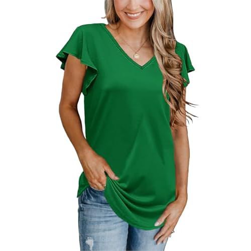 Topstype Flutter Sleeve Tops for Women V Neck Summer Ruffle Short Sleeve T Shirts Loose Fit Small Green