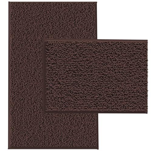 Bathroom Rugs Set Non Slip 2 Piece Bath Rugs Extra Soft Chenille Bathroom Mats Bath Mat Set,Absorbent Shaggy Rugs Perfect Plush Mats Small Rug 32"L x 20"W + 24"L x 16"W Brown