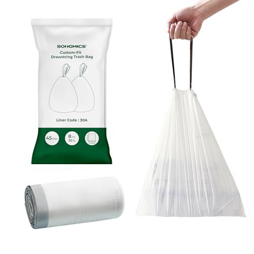 SONGMICS Trash Bags for 8-Gallon (30L) Trash Cans, 45 Count Drawstring Kitchen Garbage Bags, Pre-Separated, Liner Code 30A, 1 Roll, White UKRB30A