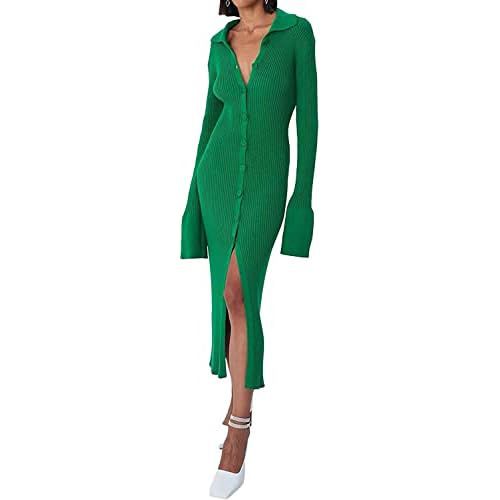 RanRui Women Long Sleeve Knit Dress Stripe Botton Down Knitted Dress Cardigan Sweater Dresses Ribbed Knit Bodycon Maxi Dress Medium Green