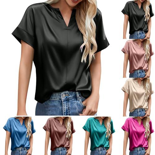 FQFGGYD Women's Comfy T-Shirt Summer Loose Tops Basic Tee Satin V-Neck Shirts Business Casual Outfits Vacation Trendy Blouses Black