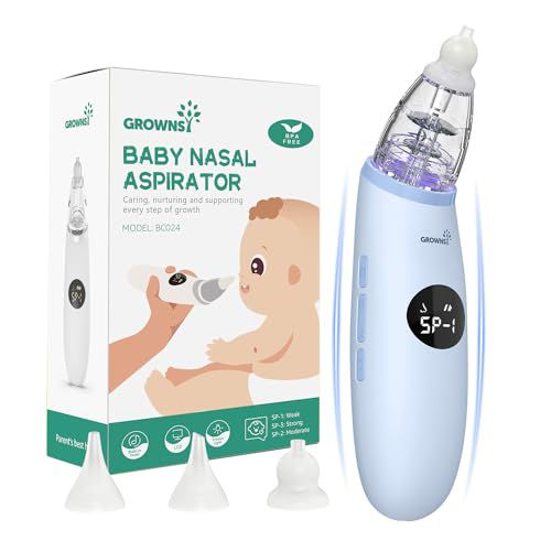 GROWNSY Nasal Aspirator for Baby | Baby Nose Sucker | Electric Nose Suction for Toddler, Ergonomic Booger Sucker with 3 Silicone Tips, Music & Light Soothing Function（Blue）