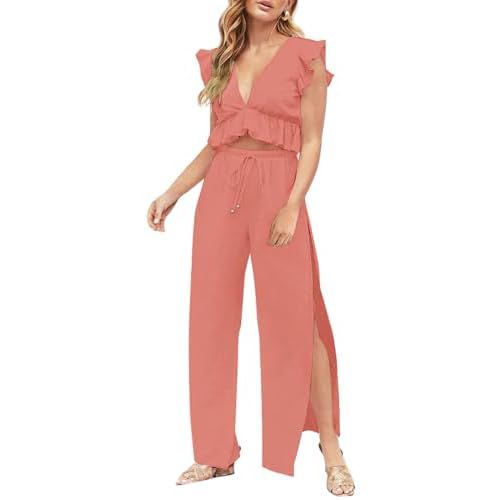 FANCYINN Womens 2 Pieces Outfits Deep V Neck Crop Top Side Slit Drawstring Wide Leg Pants Set Jumpsuits Orange Pink Large